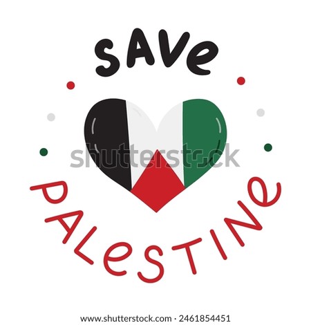 Save Palestine poster with lettering and Gaza flag in the shape of heart. Concept of support and stand with Palestine. Simple hand drawn clipart for poster, banner, wallpaper, flyer, t shirt, post.