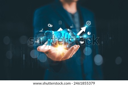 Polygonal bull market with online stock exchange concept. Financial earning on growth value of assets in business investment background. Businessman show bullish on trading and finance invest concept