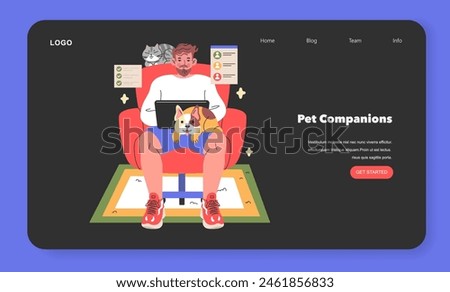 Pet Companions illustration Remote worker in a relaxed home setting with loyal pets providing companionship and comfort while working online Vector illustration Royalty-Free Stock Photo #2461856833