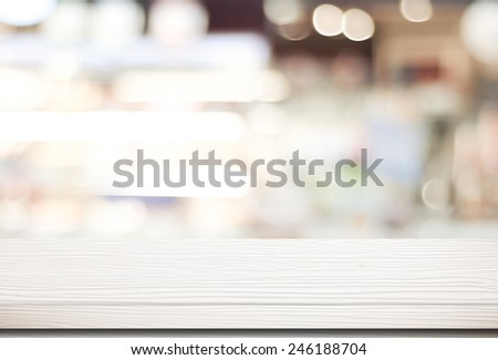 White table surface at cafe background for food and product display, Wood shelf for shop presentation background, Empty white wood table top, counter over blur bokeh light, retail store banner Royalty-Free Stock Photo #246188704