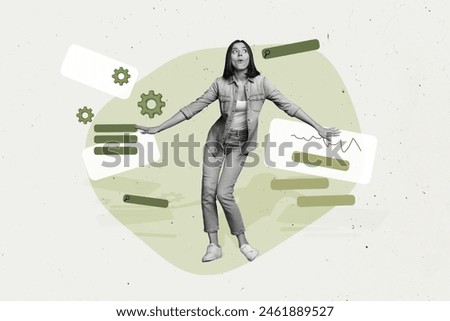 Trend artwork composite sketch image photo collage of young lady work multitasking hold hand cogwheel search loupe line project workspace