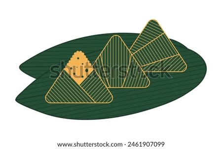 Dragon Boat Festival traditional zongzi dumplings on bamboo leaves line art hand drawn illustration. Holiday clip art, card, banner, poster element. Asian style design, isolated vector.