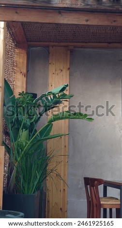 A cozy corner of an outdoor cafe with lush green plants and wooden decor. The serene setting features wooden beams, natural textures, and comfortable seating, creating a peaceful  Royalty-Free Stock Photo #2461925165