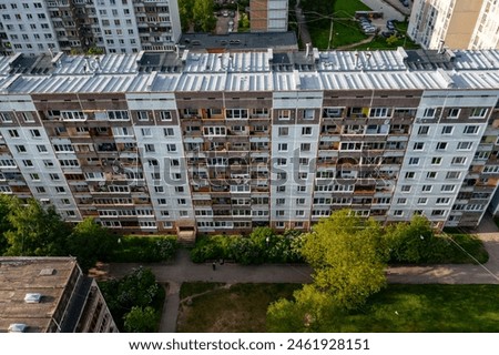 Blockmultystorej building in soviet style. Aerial view. 