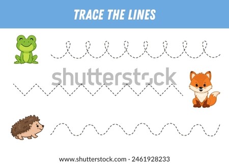 Tracing lines for kids. Cute cartoon forest animals: frog, fox, hedgehog. Handwriting practice. Educational game for preschool kids. Activity page. Vector illustration.