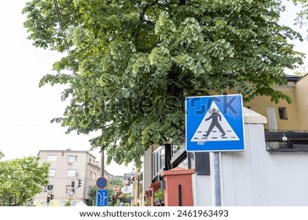 A pedestrian sign with a blue background and white figure is mounted on a pole next to a tree and building, indicating a safe crossing area in an urban environment