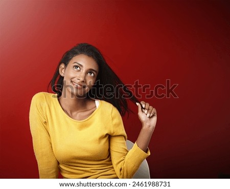Studio, thinking and happy woman with casual fashion, relax and positive attitude of female person on mockup space. Smile, ideas and gen z girl with cool style, confidence and pride on red background