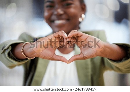 Black woman, hands and heart for love, small business and gesture for motivation and unity. Creative, company and emoji for support of local, employee and female person for mindset and happiness