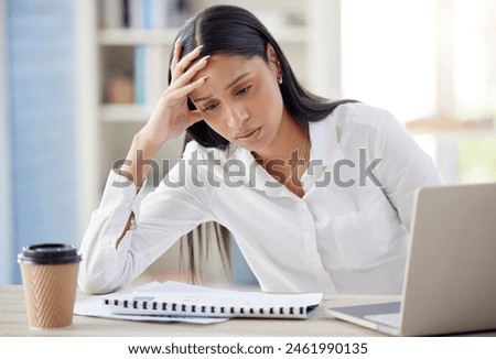 Tired, bored and business woman with laptop in office for editing report, burnout or project deadline. Fatigue, stress and corporate journalist, editor or female employee at desk for news agency