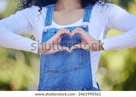 Woman, hands and heart shape in outdoor with love, support and care for gardening in backyard at house in summer. Emoji, sign and hope in nature with trust, peace and wellness for garden growth goal