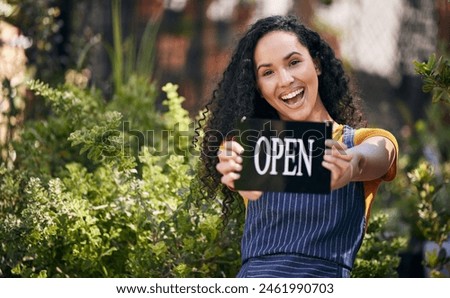 Happy woman, portrait and small business with open sign for garden, plants or eco friendly environment in nature. Female person, gardener or entreprenuer with smile, billboard or poster for welcome