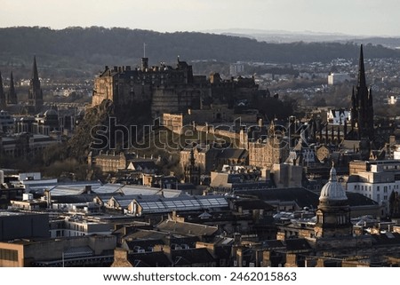 The cityscape of Edinburgh City, Edinburgh Castle features iconic European architecture and landmarks
