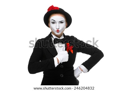Portrait of the surprised and joyful woman as mime isolated on white background. Concept of approval and recommendations