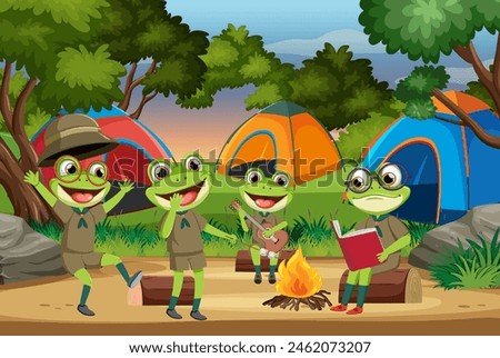 Frogs enjoying a campfire in the forest
