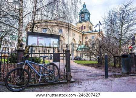 Bicycle near church, Gothenbur, Sweden Royalty-Free Stock Photo #246207427