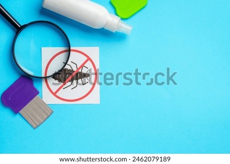 Anti lice equipment on blue background top view