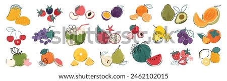 Set of colorful fruit element vector. Different fresh fruit design of apple, strawberry, mango, dragon fruit, coconut with hand drawn pattern. Illustration for branding, sticker, fabric, clipart, ads.