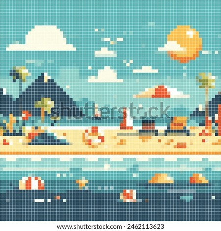 Pixelated illustration of summer holiday. Vector pixelated illustration of beach. Editable illustration