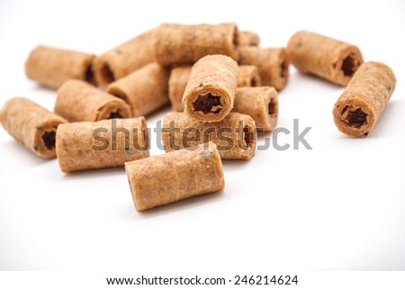 Isolated coconut crispy rolls or peranakan bakery for gift on white background
