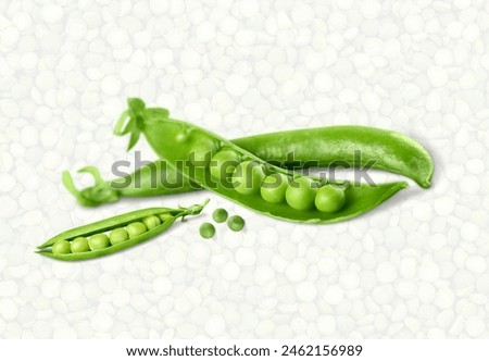 Opened pea pod with visible fresh green peas, set against a textured white background.