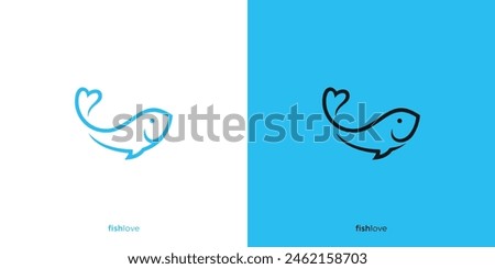 Simple Fish Love Logo Design. Fish and Abstract Heart Shape on Tail. Logo Suitable for Fishing Shops or Seafood Restaurants and Others.
