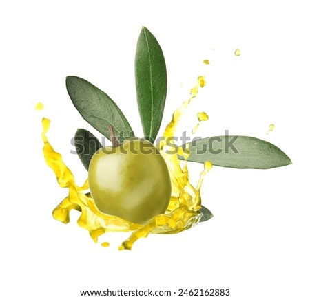 Olive and leaves with cooking oil splash on white background