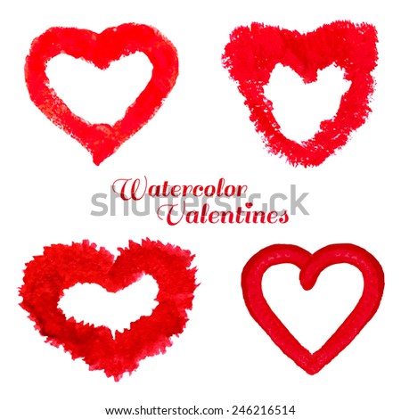 Watercolor grunge Valentine set on white background.  Hand drown hearts for romantic post card. Frame for your text .Vector illustration