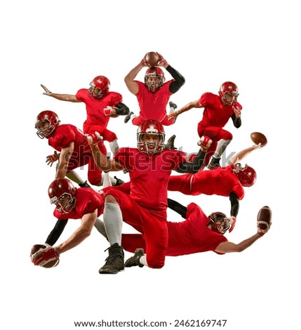 Sport collage. American football player in vibrant red uniform posing in various action-packed poses from catching and throwing to diving for touchdown. Concept of professional sport, team, fitness