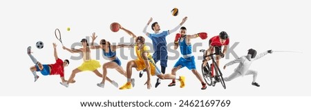 Banner. Sport collage. Athletes in action, soccer, tennis, basketball, boxing, cycling and fencing against white background. Concept of healthy lifestyle and professional sport, team, fitness. Ad