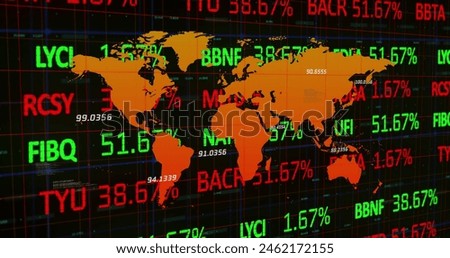 A world map displays various stock market numbers in glowing red and green. Bright colors highlight economic activity across continents