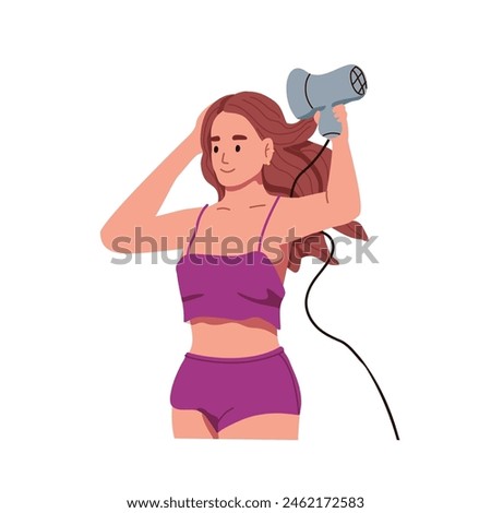 Cute girl in pajama prepares, does hairstyle, hairdo with hairdryer. Young woman drying her wet hair, blows with dryer. Daily beauty routine. Flat isolated vector illustration on white background Royalty-Free Stock Photo #2462172583