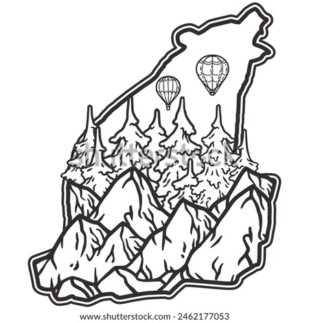 Vector illustration featuring an outline of mountains, pine trees, and hot air balloons, ideal for representing the joys of camping, hiking, and exploring the great outdoors.