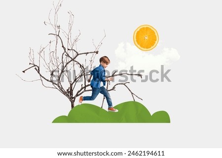 Composite collage picture image of little boy run dry tree orange sun clouds isolated on creative background