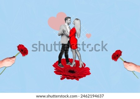 Creative picture collage young couple lovers valentine day dance waltz party disco beautiful blossom flora plants celebrate holiday