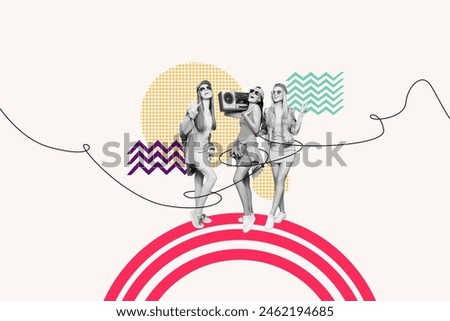 Composite collage picture image of dancing three young girls boombox have fun discotheque shopping ad unusual fantasy billboard comics zine