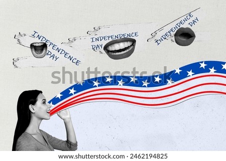 Composite collage image of young female share news national independence america day fourth july concept fantasy billboard comics zine