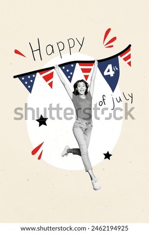 Photo collage artwork minimal picture of excited lady rising 4th july decorations isolated creative background