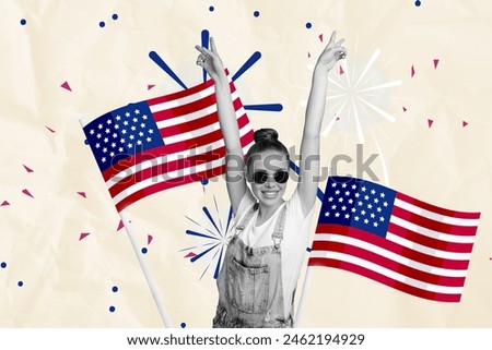 Exclusive magazine picture sketch collage image of excited lady showing v-signs enjoying 4th july isolated creative background