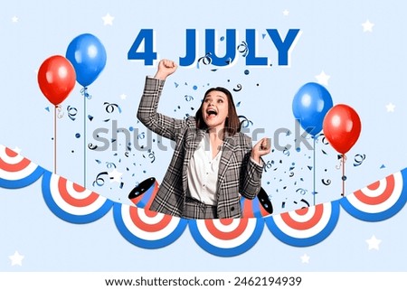 Composite collage image of girl celebrate air balloons party national independence america day fourth july concept bizarre unusual fantasy Royalty-Free Stock Photo #2462194939