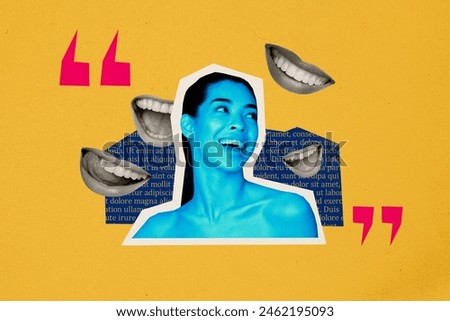 Composite collage picture image of pretty female speech talking mouth comics face parts weird freak bizarre unusual fantasy billboard Royalty-Free Stock Photo #2462195093