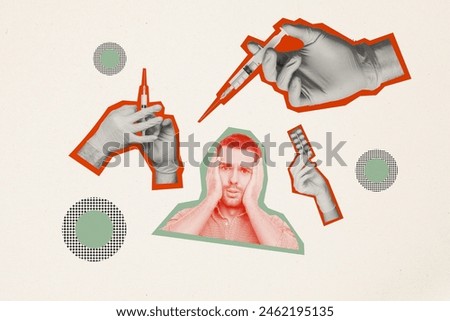 Composite collage picture image of sad man hold syringe pillow illness coronavirus vaccine weird freak bizarre unusual fantasy billboard
