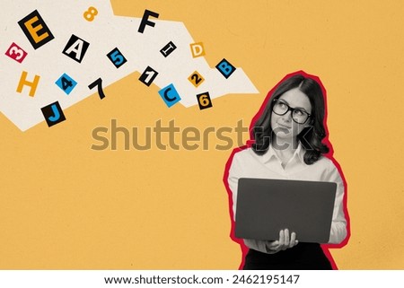 Composite collage picture image of businesswoman hold laptop working letters numbers think weird freak bizarre unusual fantasy billboard