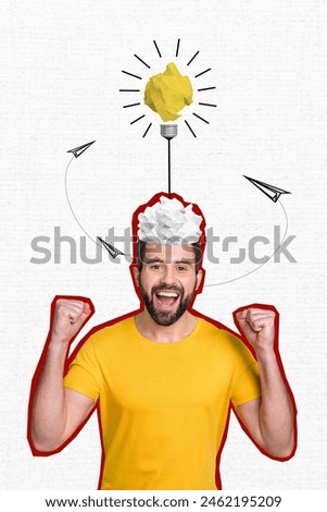 Composite collage picture image of winning businessman electric bulb crumbled paper idea weird freak bizarre unusual fantasy billboard