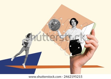 Trend artwork composite sketch image photo collage of hand hold huge smartphone woman appear globe connection lady work laptop reach arm