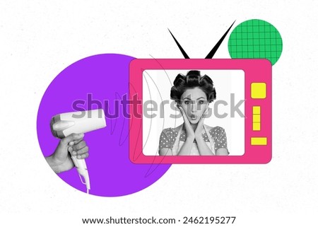 Composite collage picture image of amazed female curler hair housewife hairdryer watch tv weird freak bizarre unusual fantasy billboard