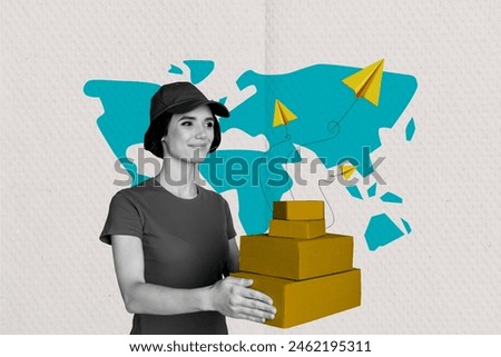 Composite collage picture image of female courier deliver carton box world shipping unusual fantasy billboard comics zine