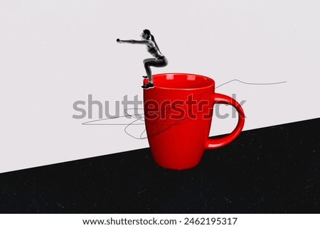 Composite collage picture image of sportswoman squat coffee cup tea morning unusual fantasy billboard comics zine