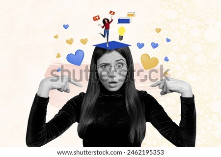 Composite collage picture image of amazed female point self heart icons social media love unusual fantasy billboard comics zine