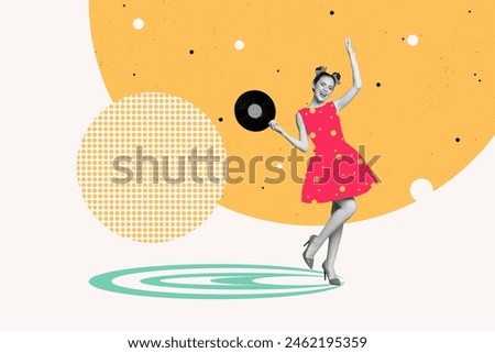Composite collage picture image of dancing young girl hold vinyl record discotheque shopping ad unusual fantasy billboard comics zine