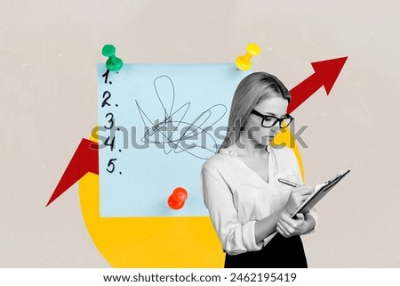 Composite collage picture image of female working manager to do list done write unusual fantasy billboard comics zine